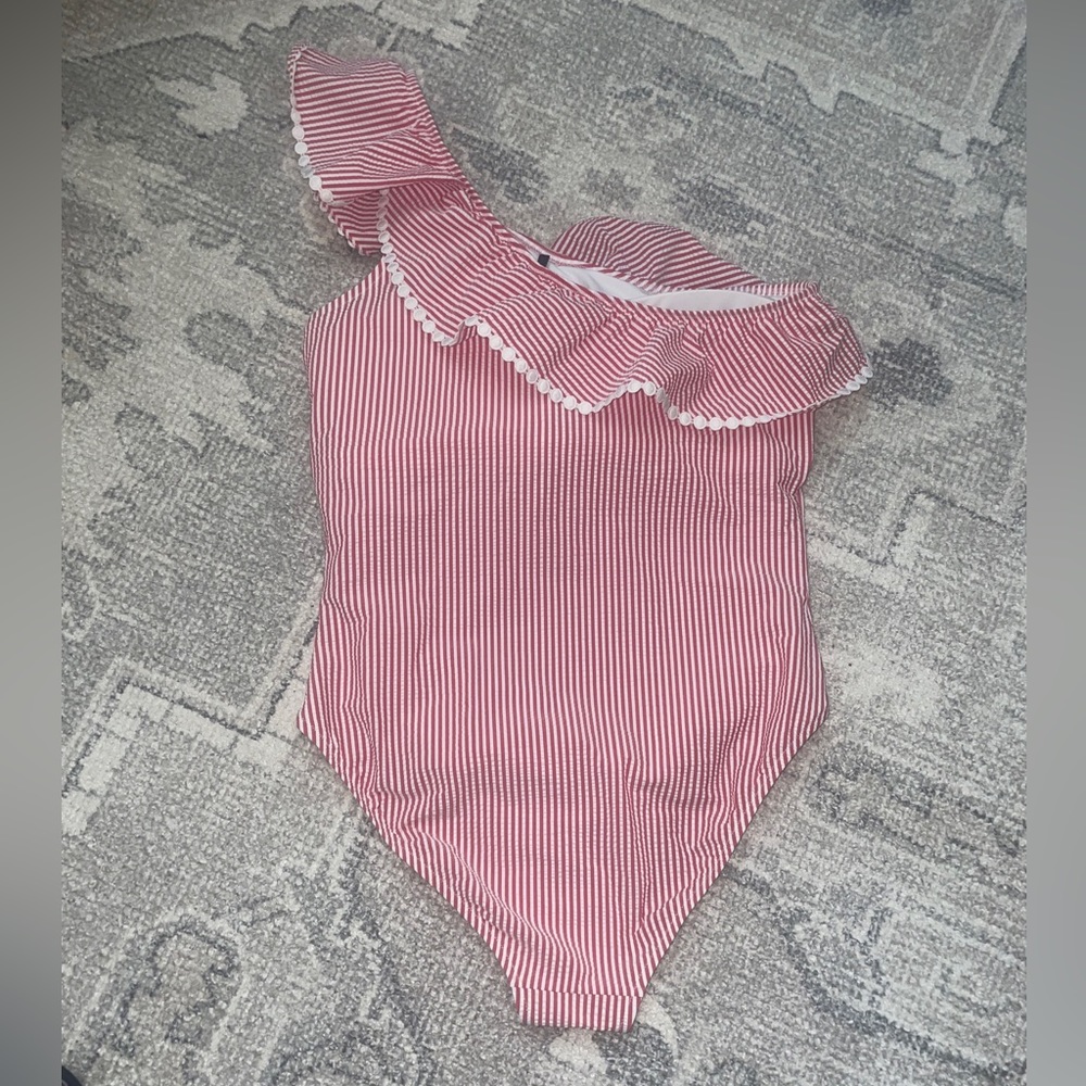 J. CREW Swimsuit One-shoulder Ruffle One-Piece in Seersucker Size 14 - Picture 7 of 14